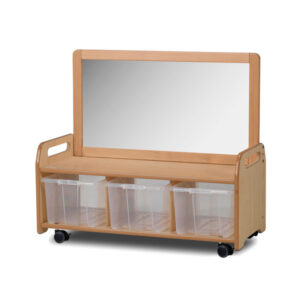 Low Mirror Storage Unit With Castors & 3 clear tubs